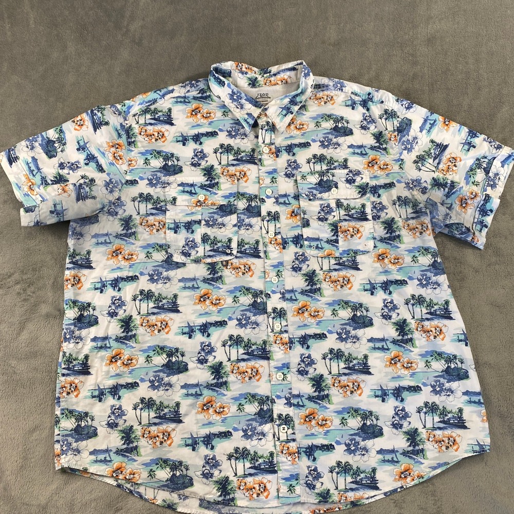 IZOD Button Down Men 3XL Blue Saltwater Performance Tropical Fishing Shirt Short